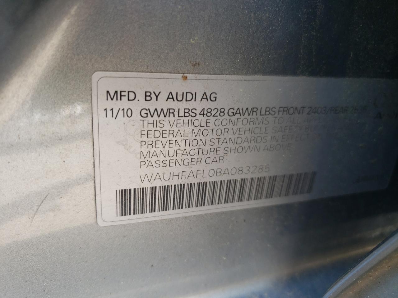 2011 Audi A4 Premium Plus VIN: WAUHFAFL0BA083285 Lot: 59160855
