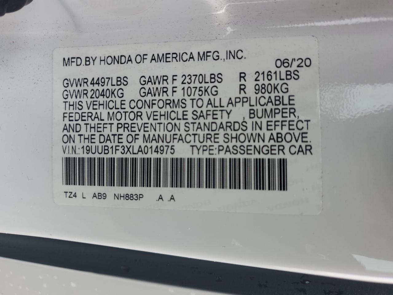 2020 Acura Tlx VIN: 19UUB1F3XLA014975 Lot: 57085825