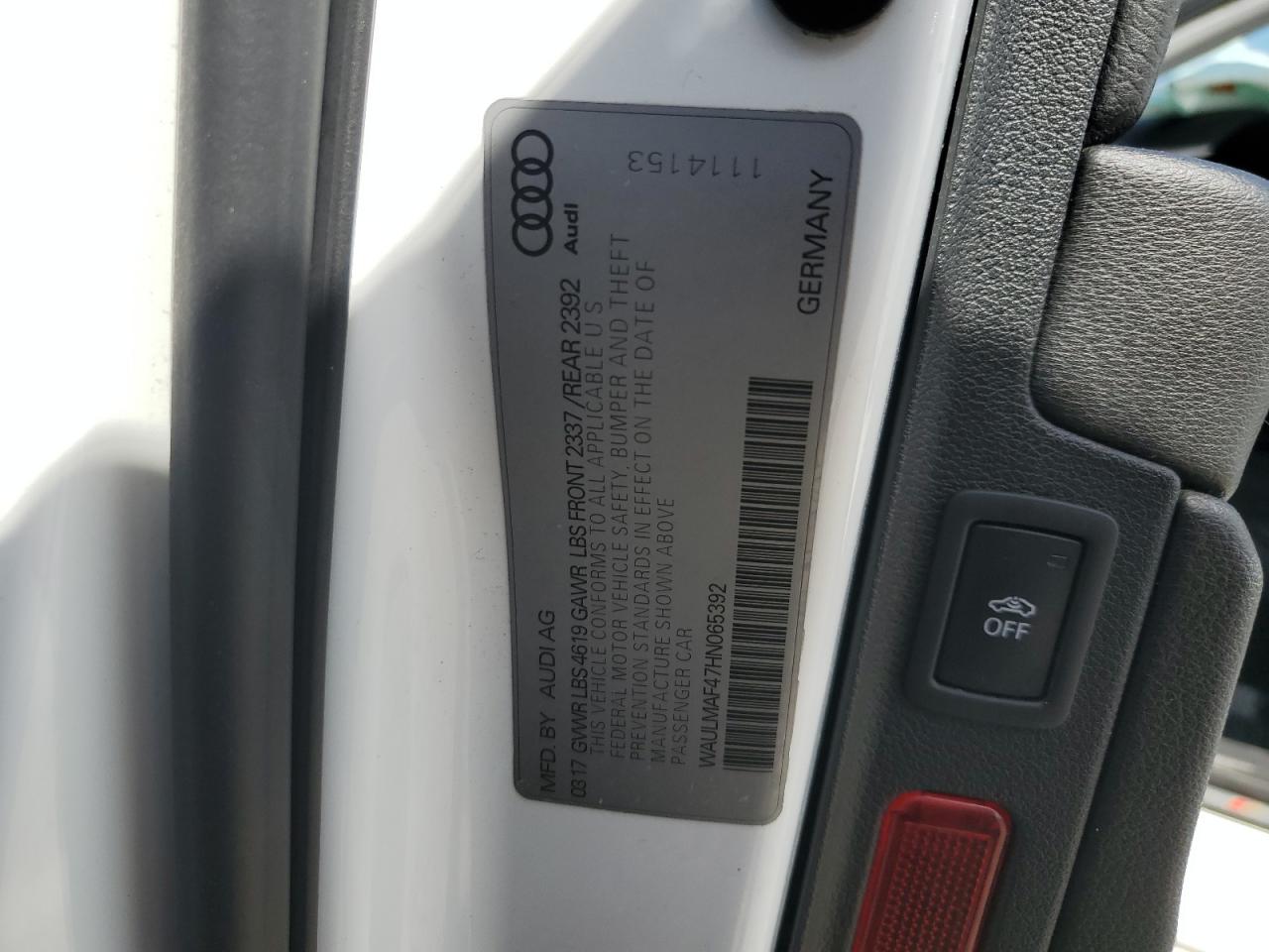 2017 Audi A4 Ultra Premium Plus VIN: WAULMAF47HN065392 Lot: 56681845
