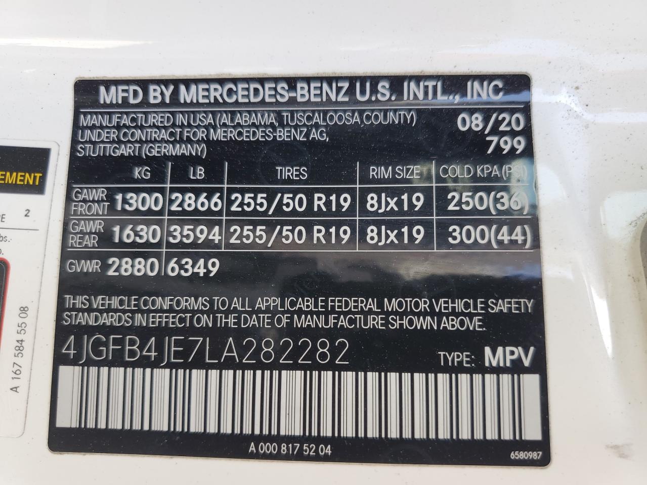 2020 Mercedes-Benz Gle 350 VIN: 4JGFB4JE7LA282282 Lot: 56542535