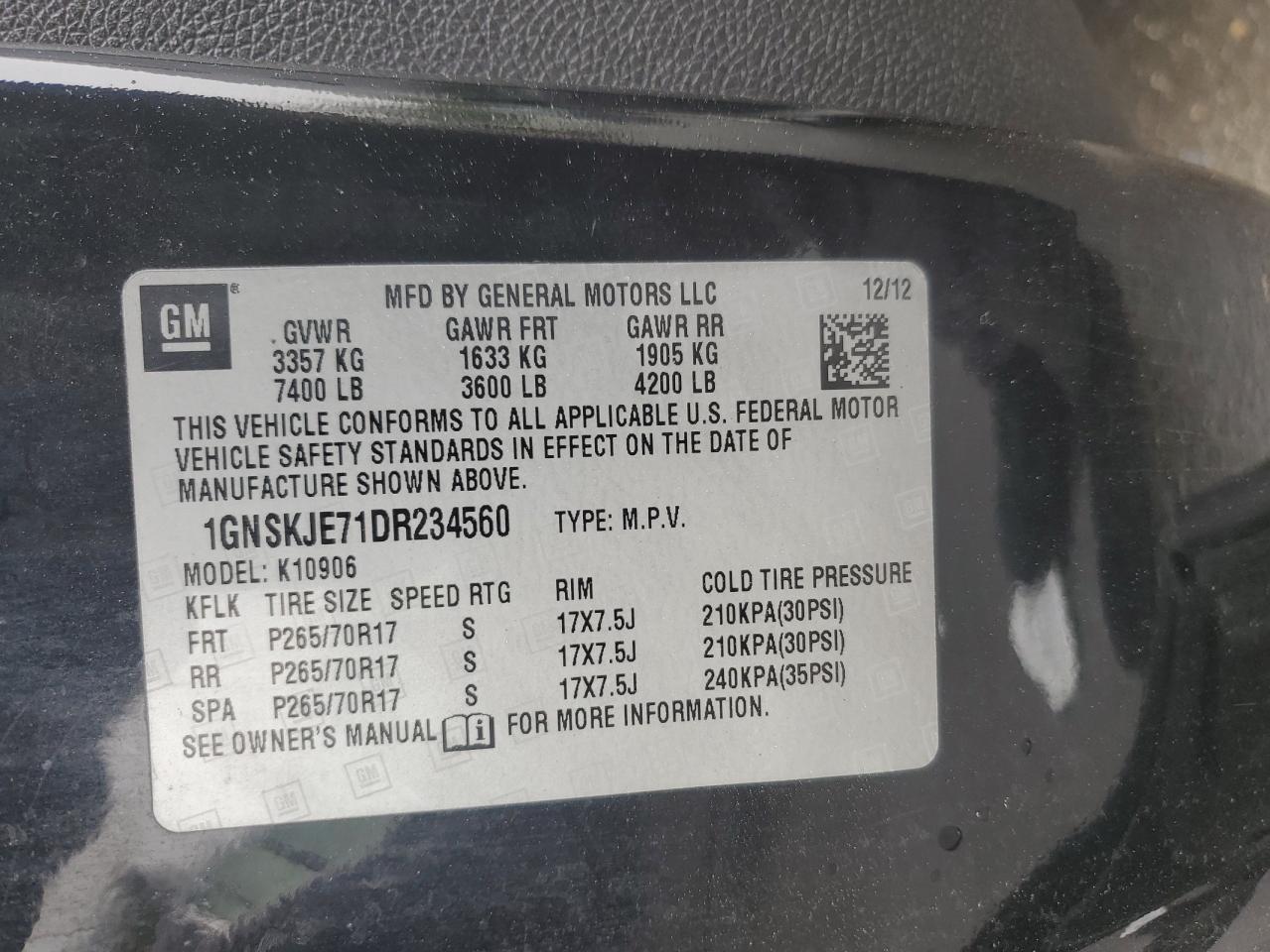2013 Chevrolet Suburban K1500 Lt VIN: 1GNSKJE71DR234560 Lot: 58912185