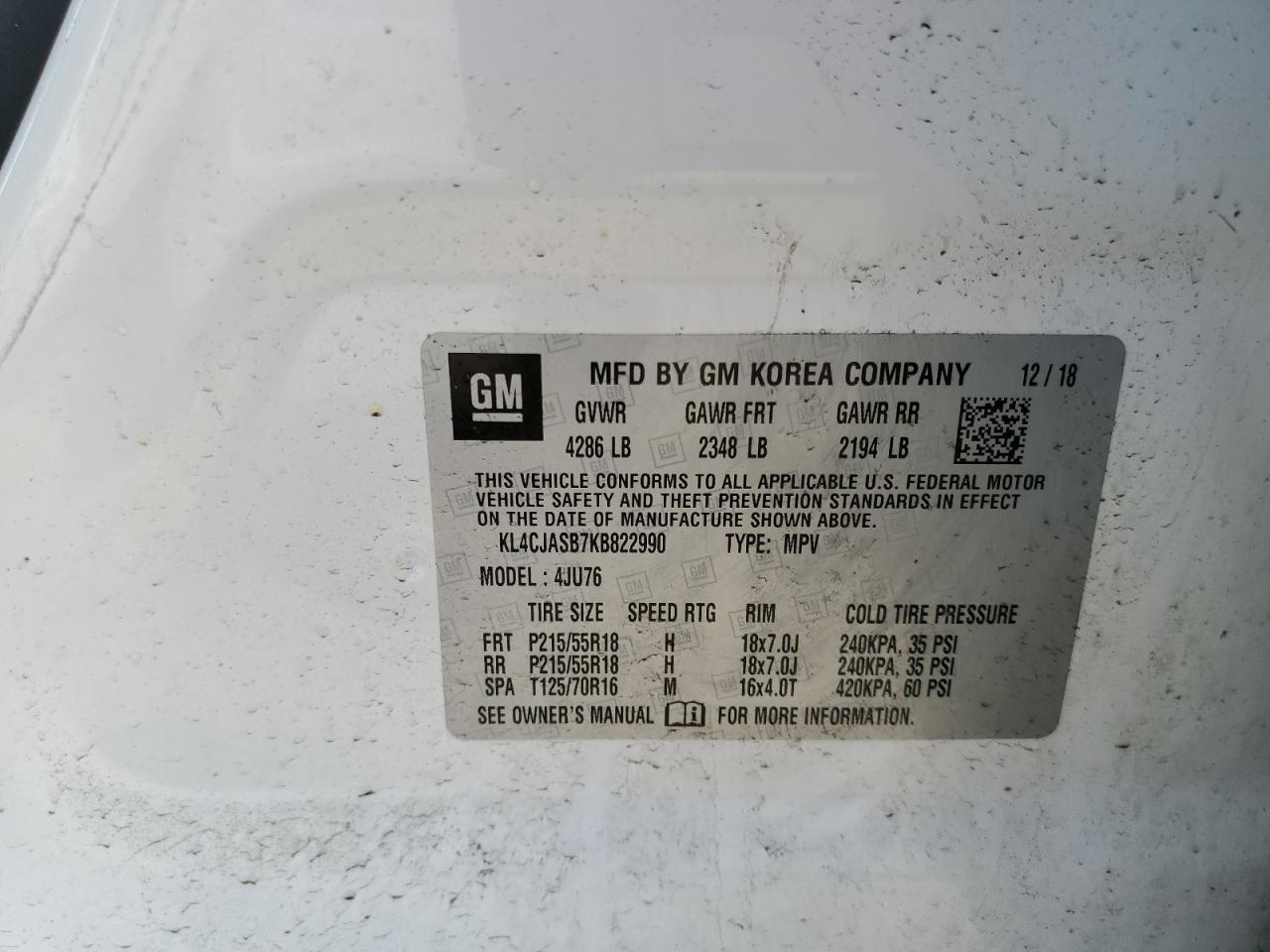 2019 Buick Encore Preferred VIN: KL4CJASB7KB822990 Lot: 57075895