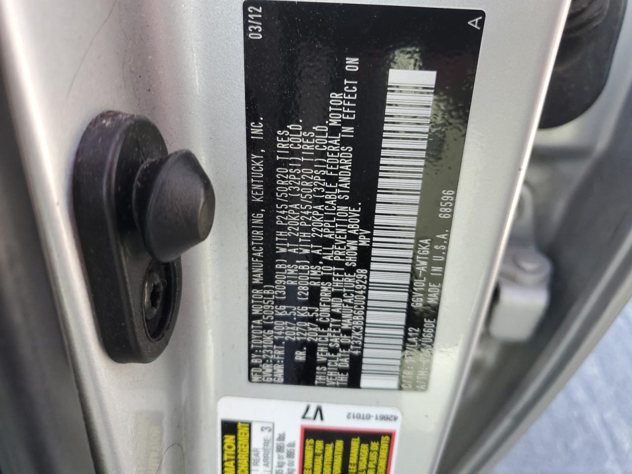 2012 Toyota Venza Le VIN: 4T3ZK3BB6CU049298 Lot: 55749045