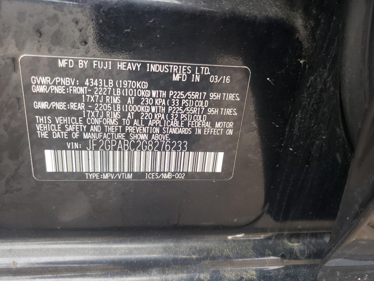2016 Subaru Crosstrek Premium VIN: JF2GPABC2G8276233 Lot: 55807525