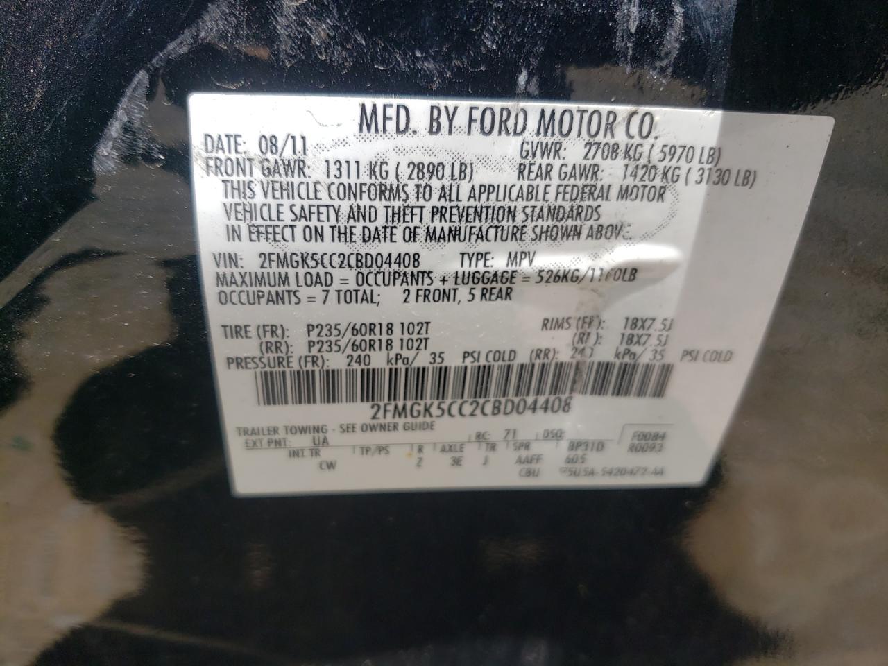 2012 Ford Flex Sel VIN: 2FMGK5CC2CBD04408 Lot: 70220215