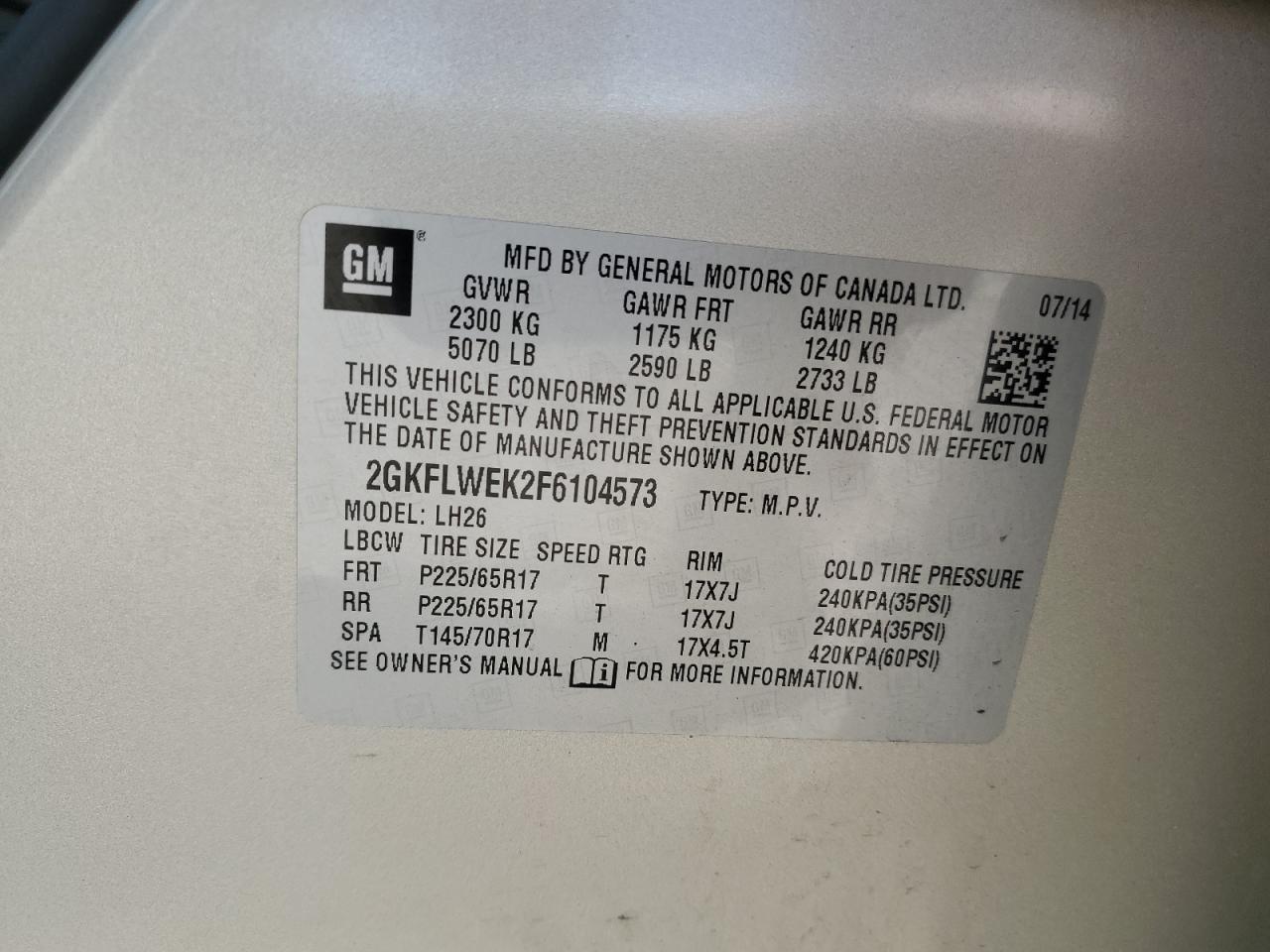 2015 GMC Terrain Sle VIN: 2GKFLWEK2F6104573 Lot: 56318495