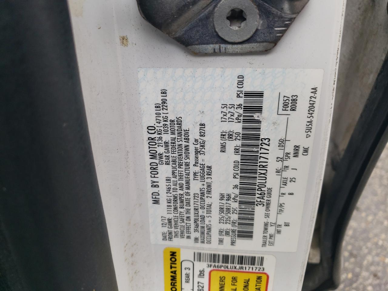 2018 Ford Fusion Se Hybrid VIN: 3FA6P0LUXJR171723 Lot: 54028905