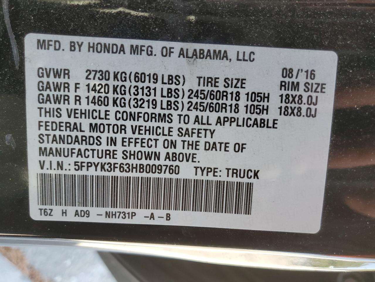 2017 Honda Ridgeline Rtl VIN: 5FPYK3F63HB009760 Lot: 57473615