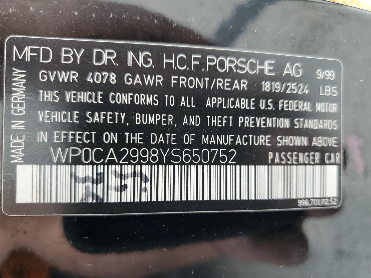 2000 Porsche 911 Carrera 2 VIN: WP0CA2998YS650752 Lot: 58339415