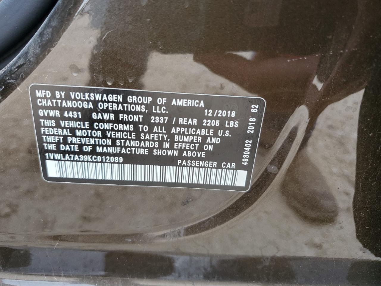 2019 Volkswagen Passat Wolfsburg VIN: 1VWLA7A39KC012089 Lot: 55779695