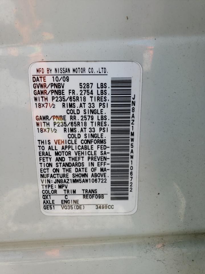 2010 Nissan Murano S VIN: JN8AZ1MW5AW106722 Lot: 56746195