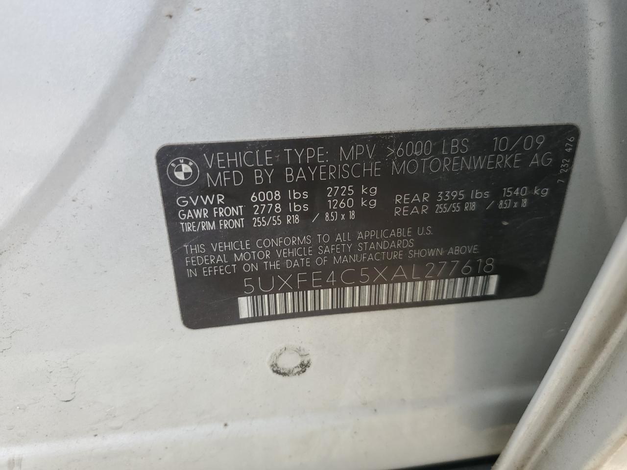 2010 BMW X5 xDrive30I VIN: 5UXFE4C5XAL277618 Lot: 57209385