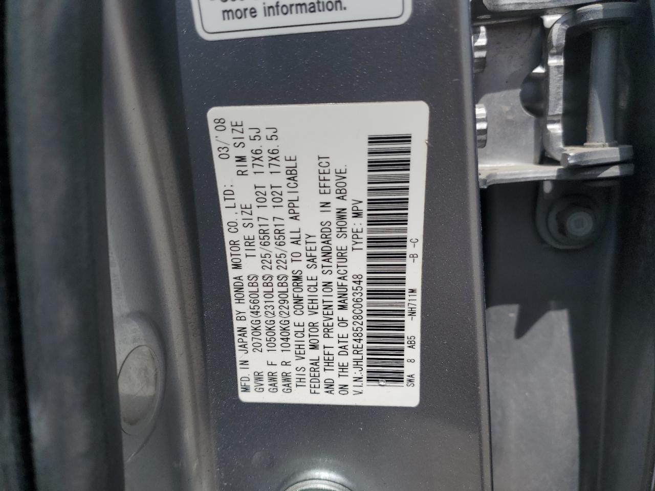 2008 Honda Cr-V Ex VIN: JHLRE48528C063548 Lot: 56958115
