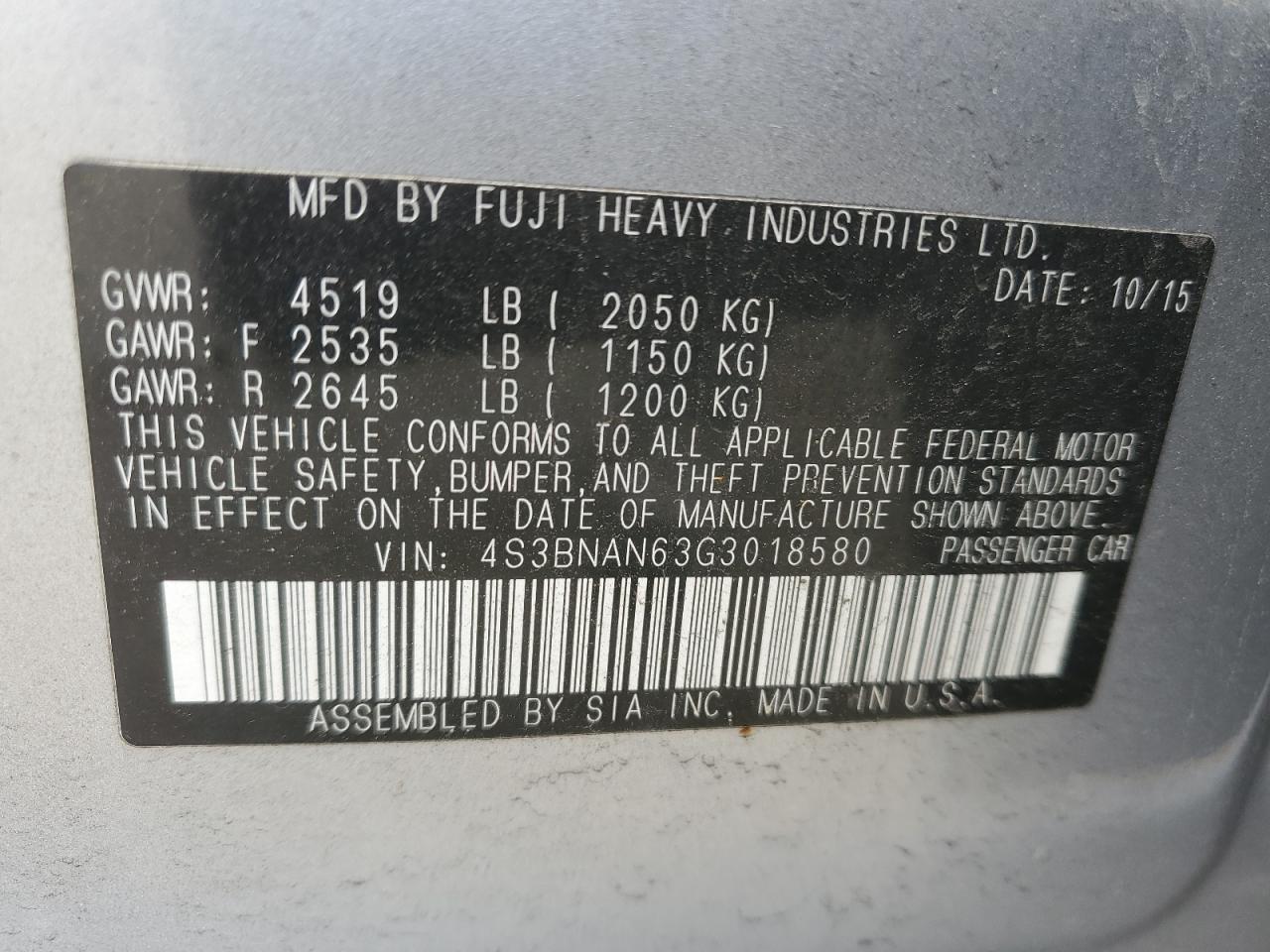 2016 Subaru Legacy 2.5I Limited VIN: 4S3BNAN63G3018580 Lot: 56633225
