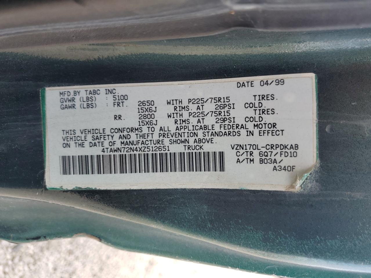 1999 Toyota Tacoma Xtracab VIN: 4TAWN72N4XZ512651 Lot: 54933485