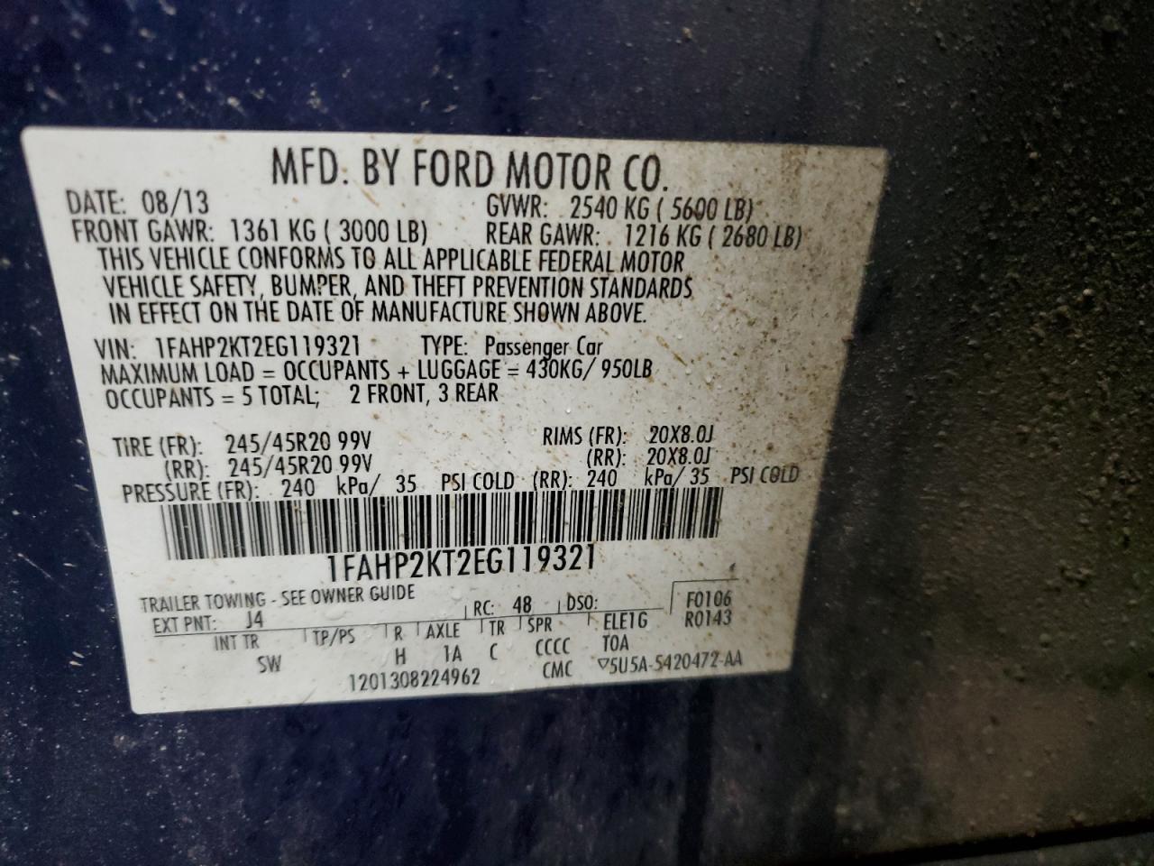 2014 Ford Taurus Sho VIN: 1FAHP2KT2EG119321 Lot: 55212945