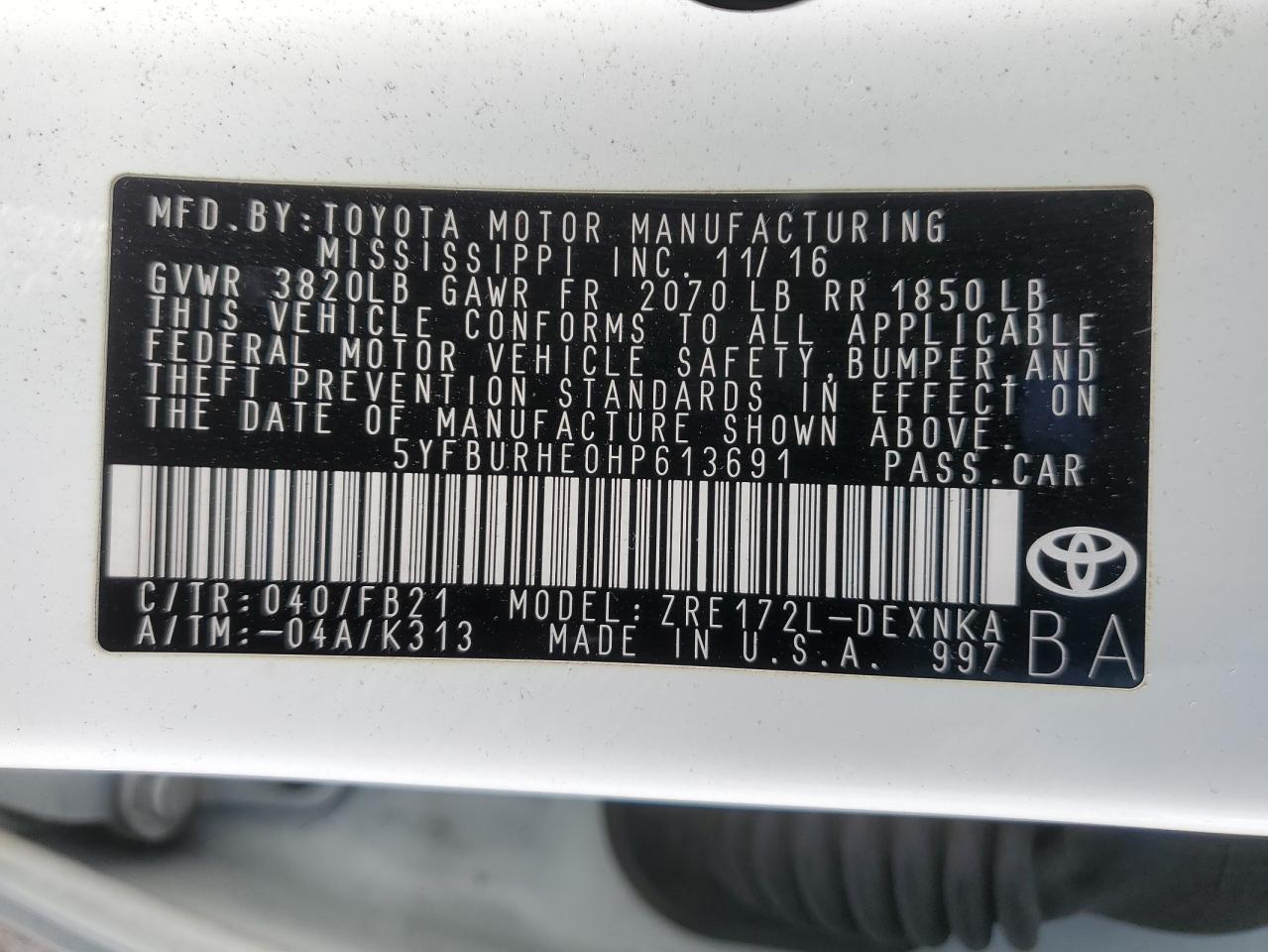 2017 Toyota Corolla L VIN: 5YFBURHE0HP613691 Lot: 56975715