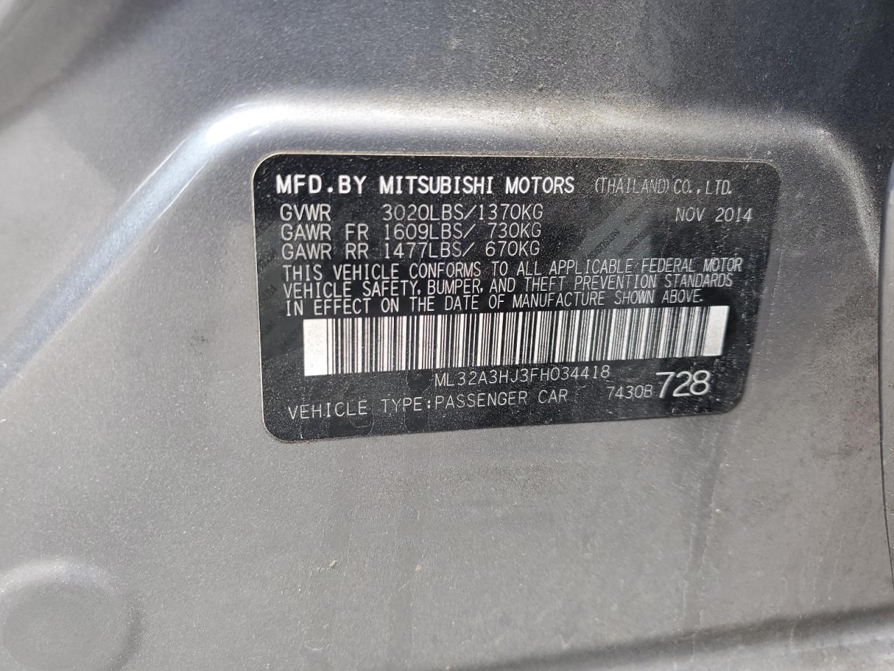 2015 Mitsubishi Mirage De VIN: ML32A3HJ3FH034418 Lot: 55201665