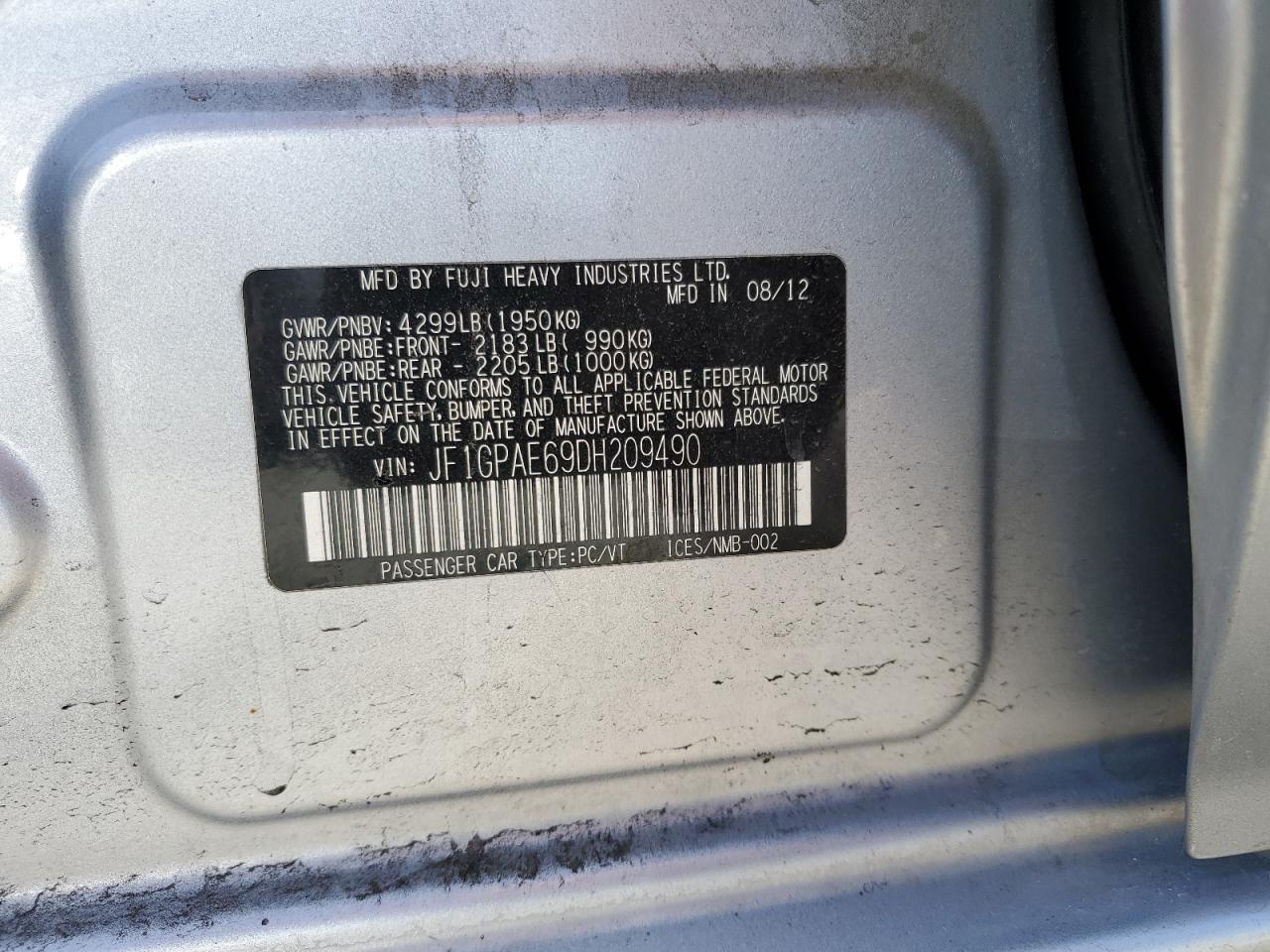 2013 Subaru Impreza Premium VIN: JF1GPAE69DH209490 Lot: 57085485