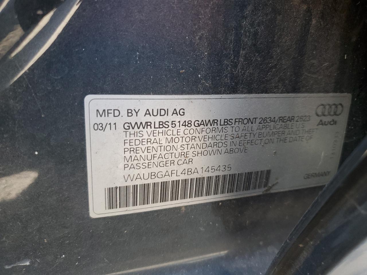 2011 Audi S4 Premium Plus VIN: WAUBGAFL4BA145435 Lot: 56221245