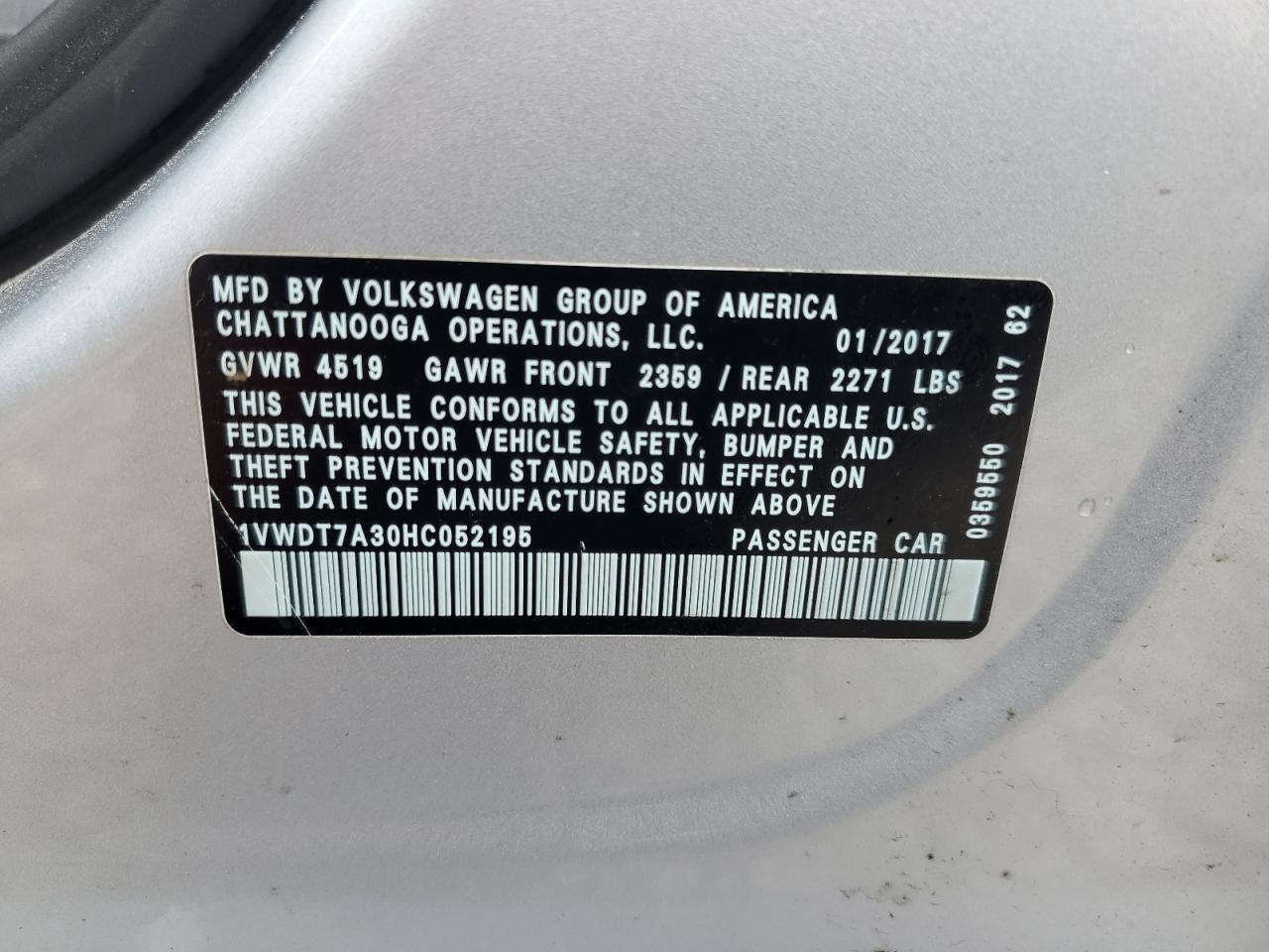 2017 Volkswagen Passat R-Line VIN: 1VWDT7A30HC052195 Lot: 56511795
