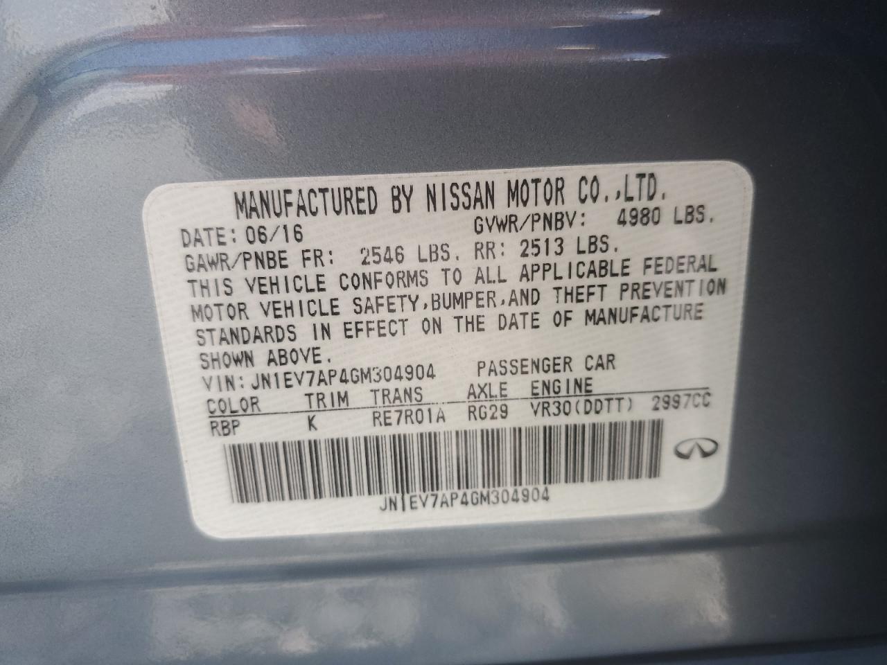2016 Infiniti Q50 Premium VIN: JN1EV7AP4GM304904 Lot: 56732495