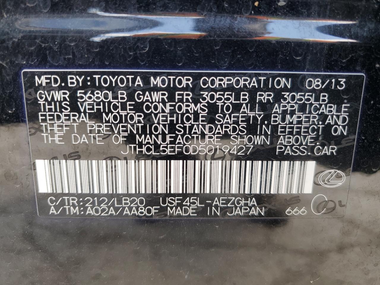 2013 Lexus Ls 460 VIN: JTHCL5EF0D5019427 Lot: 56021135