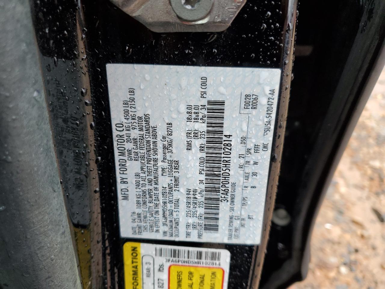 2017 Ford Fusion Se VIN: 3FA6P0HD5HR102814 Lot: 56827605