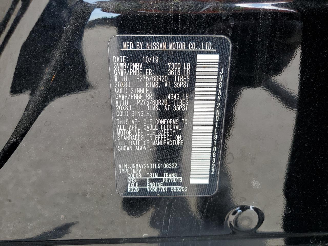 2020 Nissan Armada Sv VIN: JN8AY2ND1L9106322 Lot: 55886565