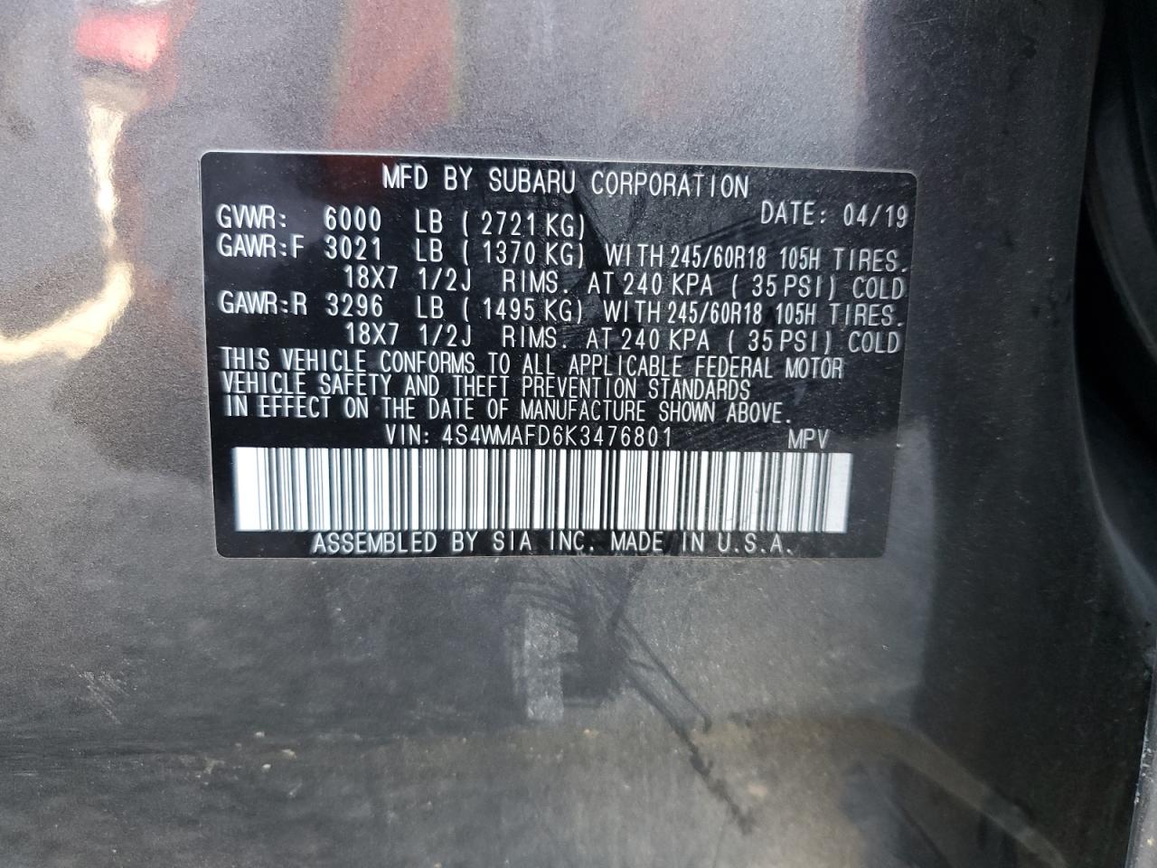 2019 Subaru Ascent Premium VIN: 4S4WMAFD6K3476801 Lot: 56907445