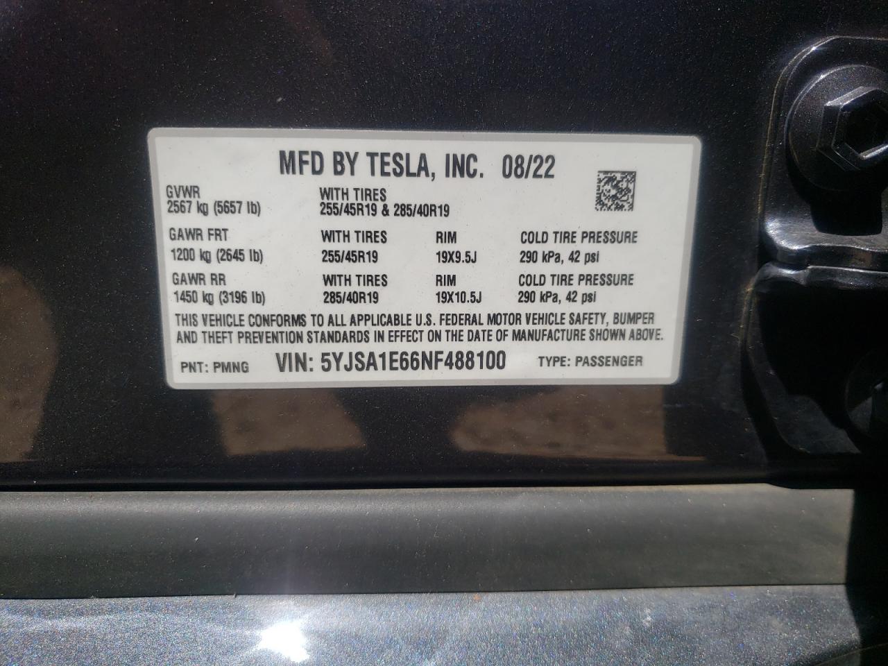 2022 Tesla Model S VIN: 5YJSA1E66NF488100 Lot: 57935675