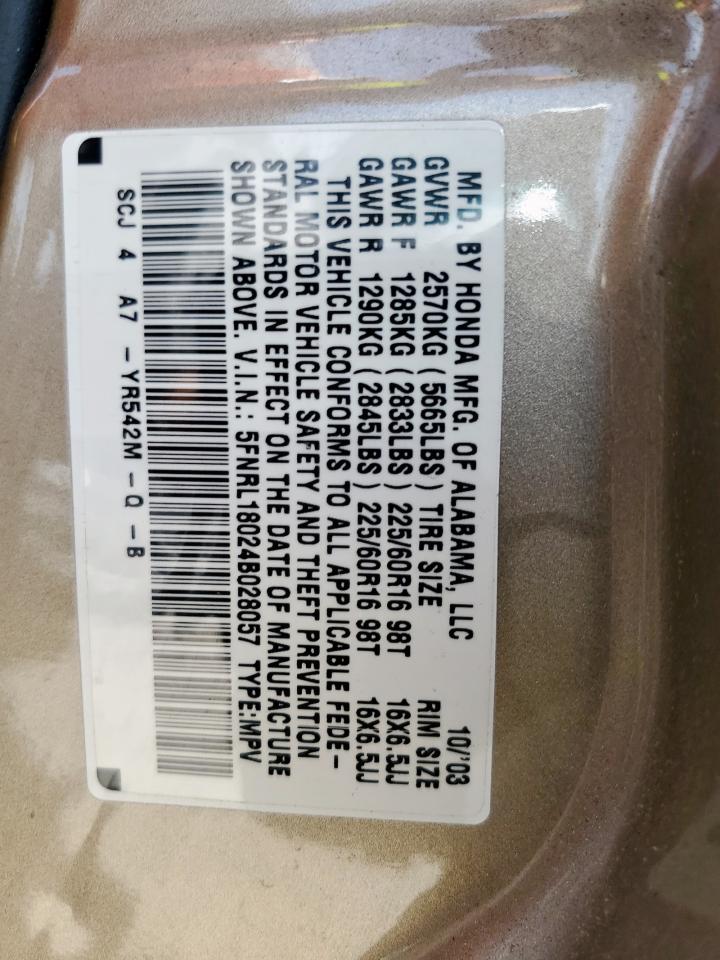 2004 Honda Odyssey Exl VIN: 5FNRL18024B028057 Lot: 56678325