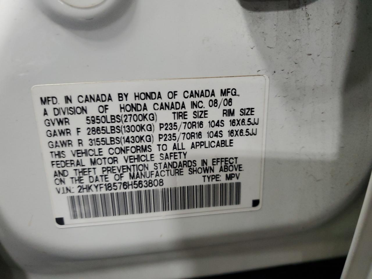 2006 Honda Pilot Ex VIN: 2HKYF18576H563808 Lot: 55517795