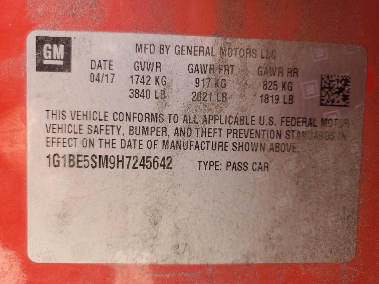 2017 Chevrolet Cruze Lt VIN: 1G1BE5SM9H7245642 Lot: 56025455
