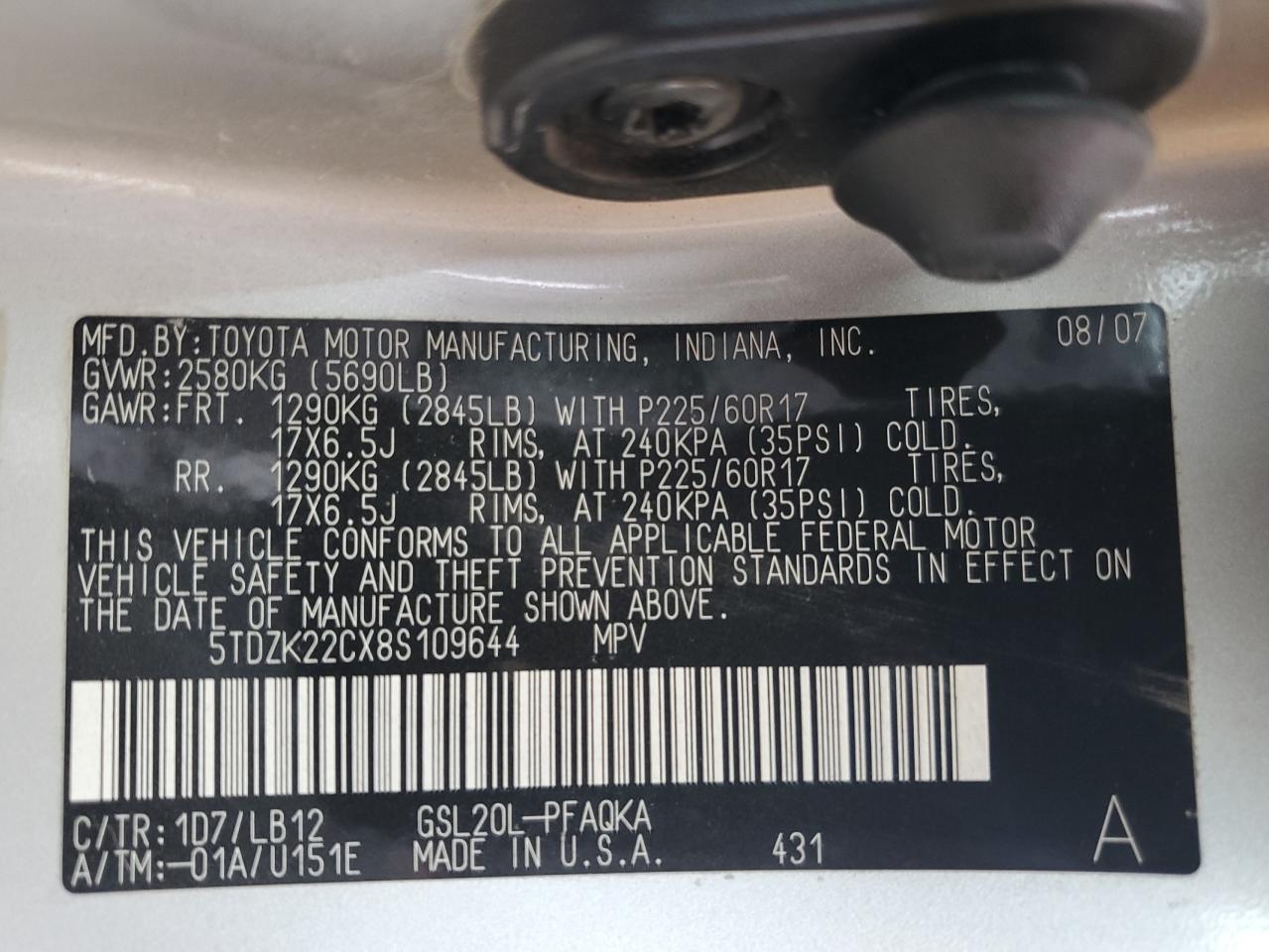 2008 Toyota Sienna Xle VIN: 5TDZK22CX8S109644 Lot: 55257145