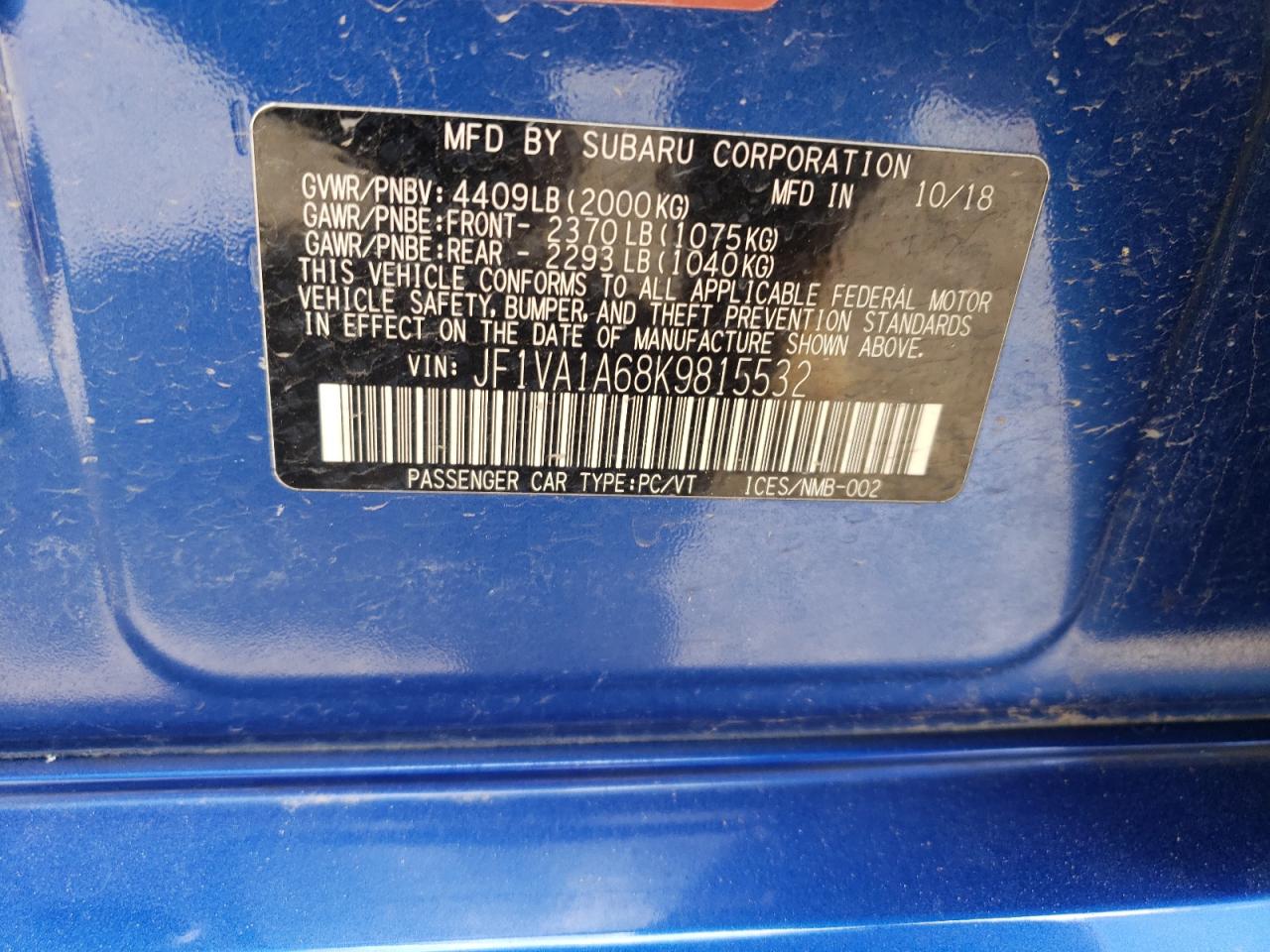 2019 Subaru Wrx VIN: JF1VA1A68K9815532 Lot: 56073015