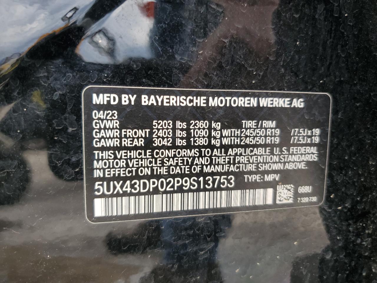 2023 BMW X3 Sdrive30I VIN: 5UX43DP02P9S13753 Lot: 58139415