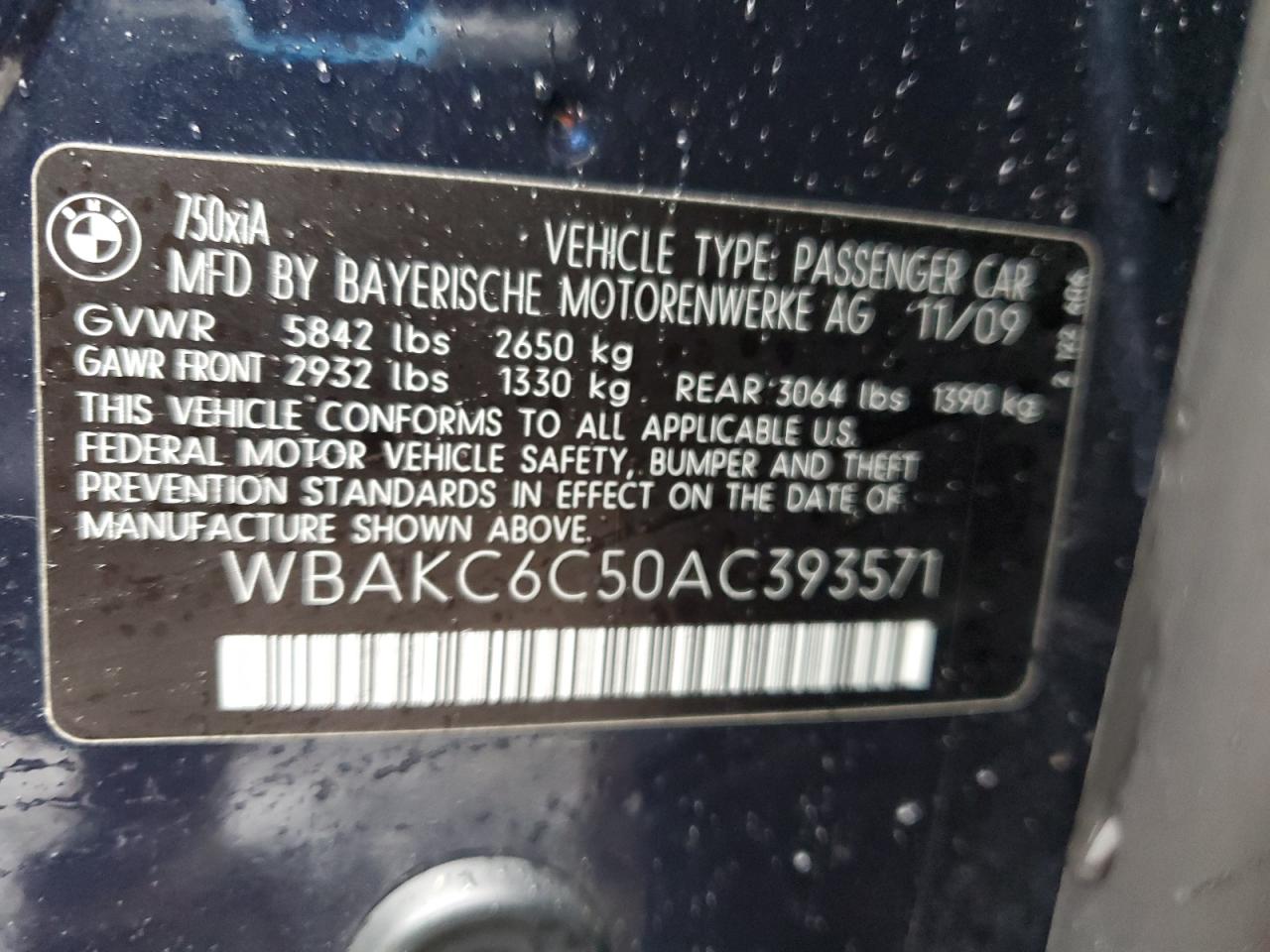 2010 BMW 750 I xDrive VIN: WBAKC6C50AC393571 Lot: 56537935
