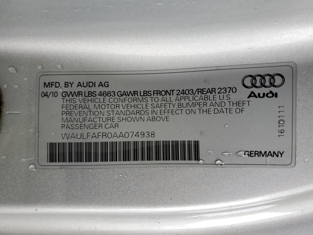 2010 Audi A5 Premium Plus VIN: WAULFAFR0AA074938 Lot: 56053955