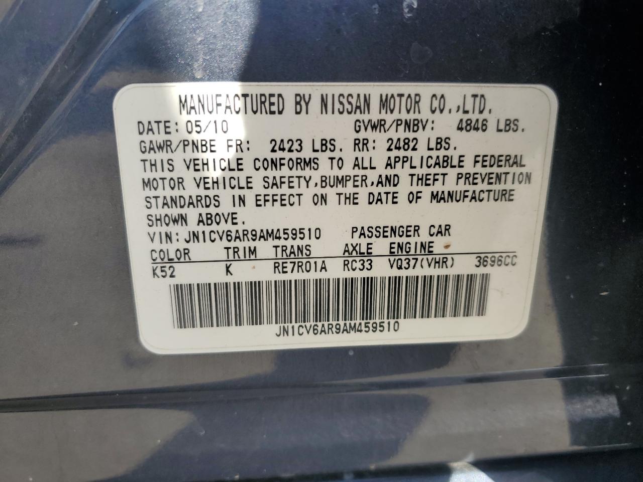 2010 Infiniti G37 VIN: JN1CV6AR9AM459510 Lot: 56987525