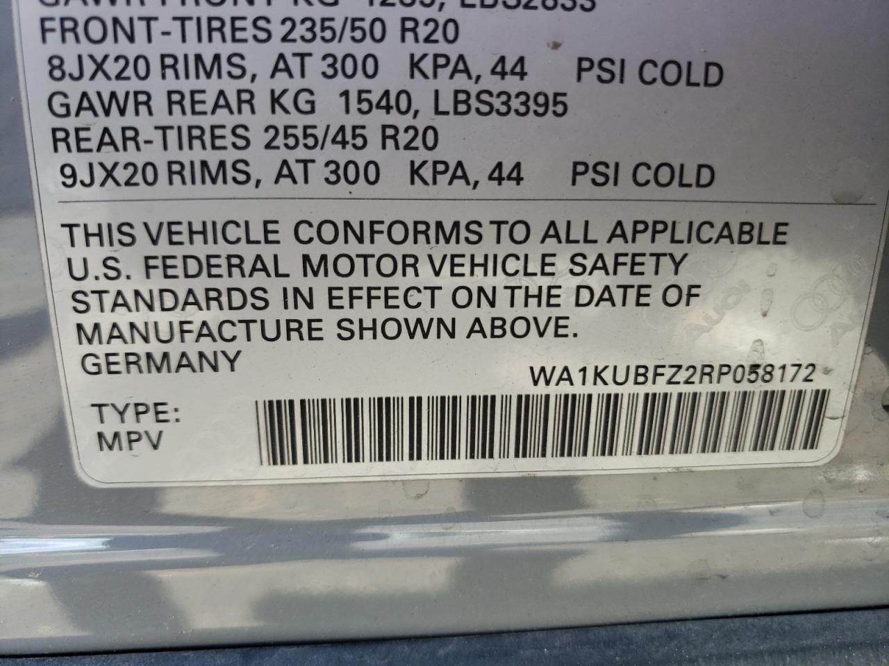 2024 Audi Q4 E-Tron Premium VIN: WA1KUBFZ2RP058172 Lot: 57724835