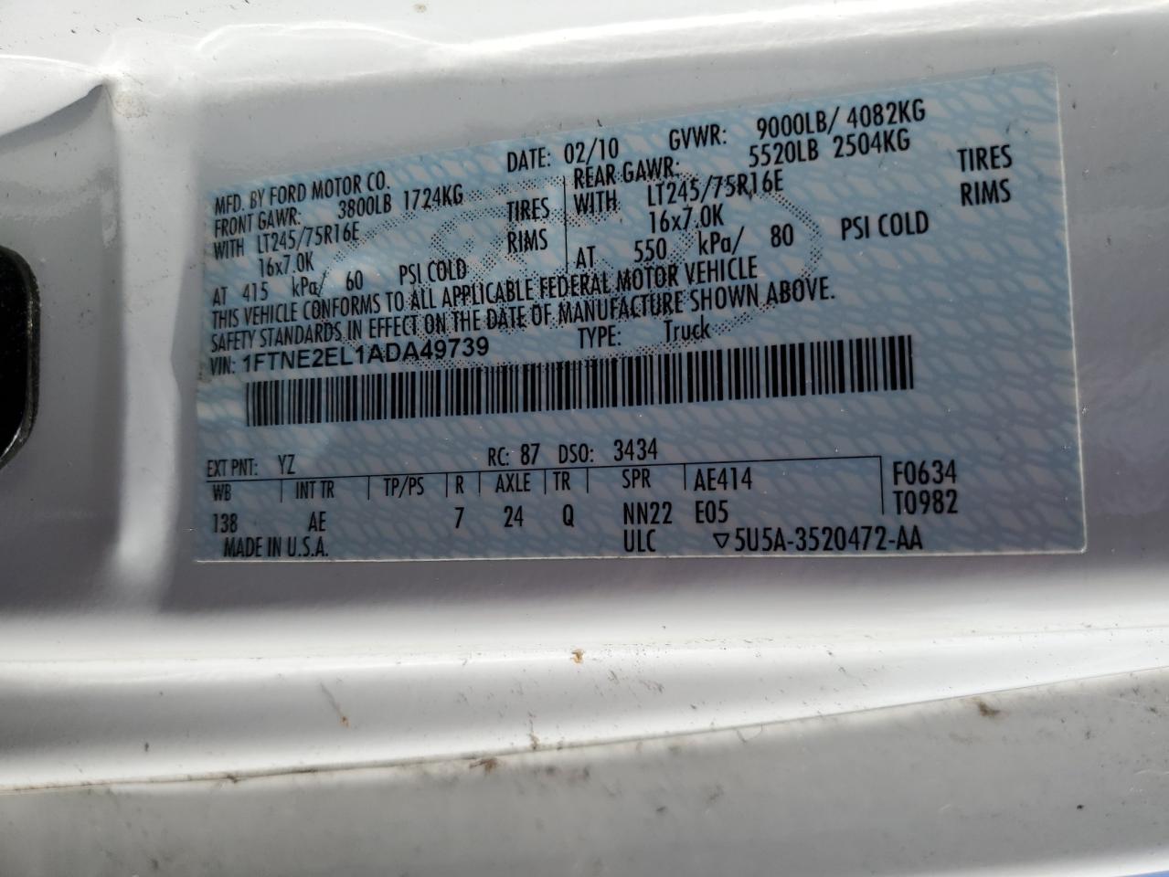 2010 Ford Econoline E250 Van VIN: 1FTNE2EL1ADA49739 Lot: 56376845