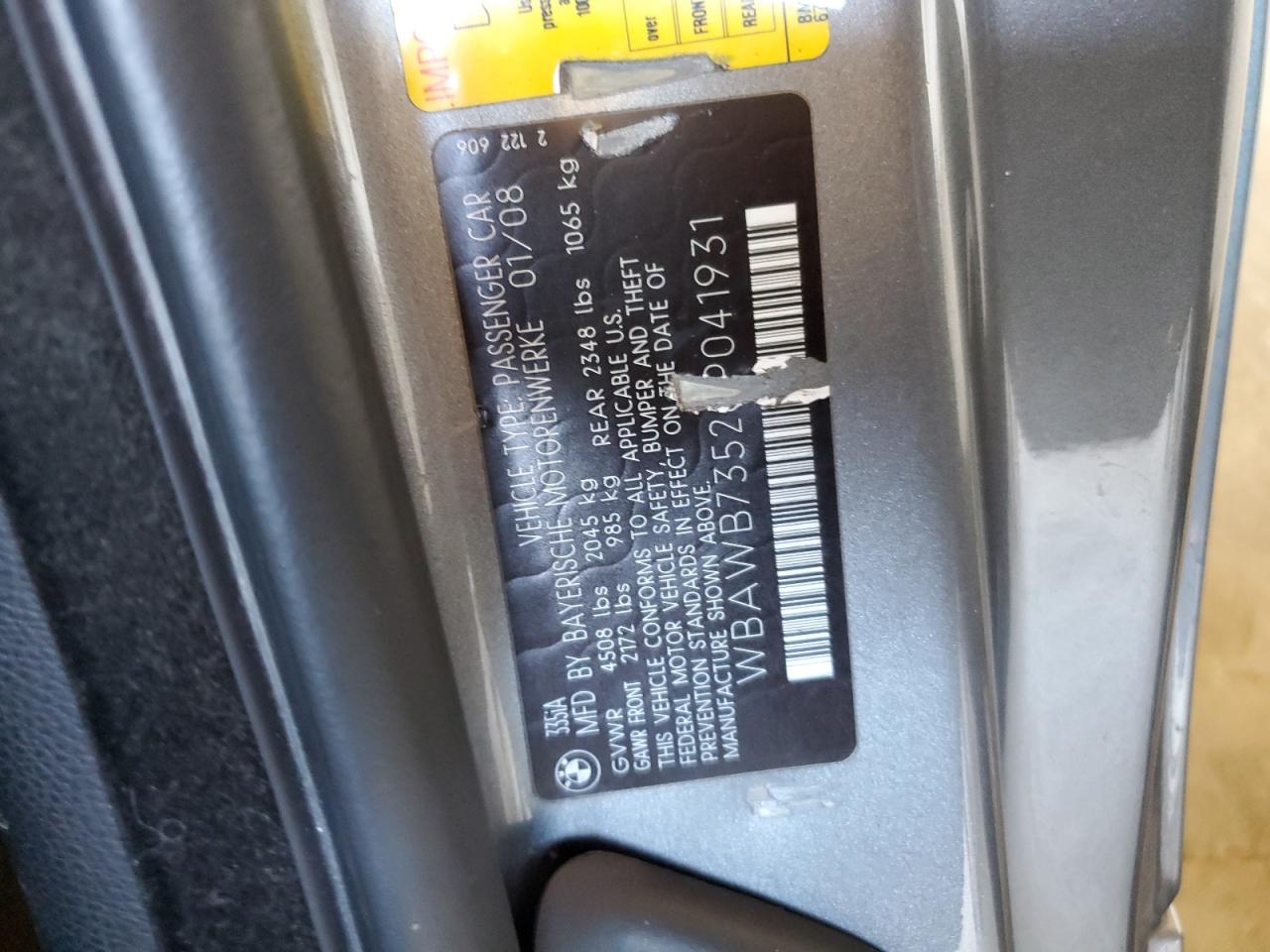 2008 BMW 335 I VIN: WBAWB73528P041931 Lot: 57321595