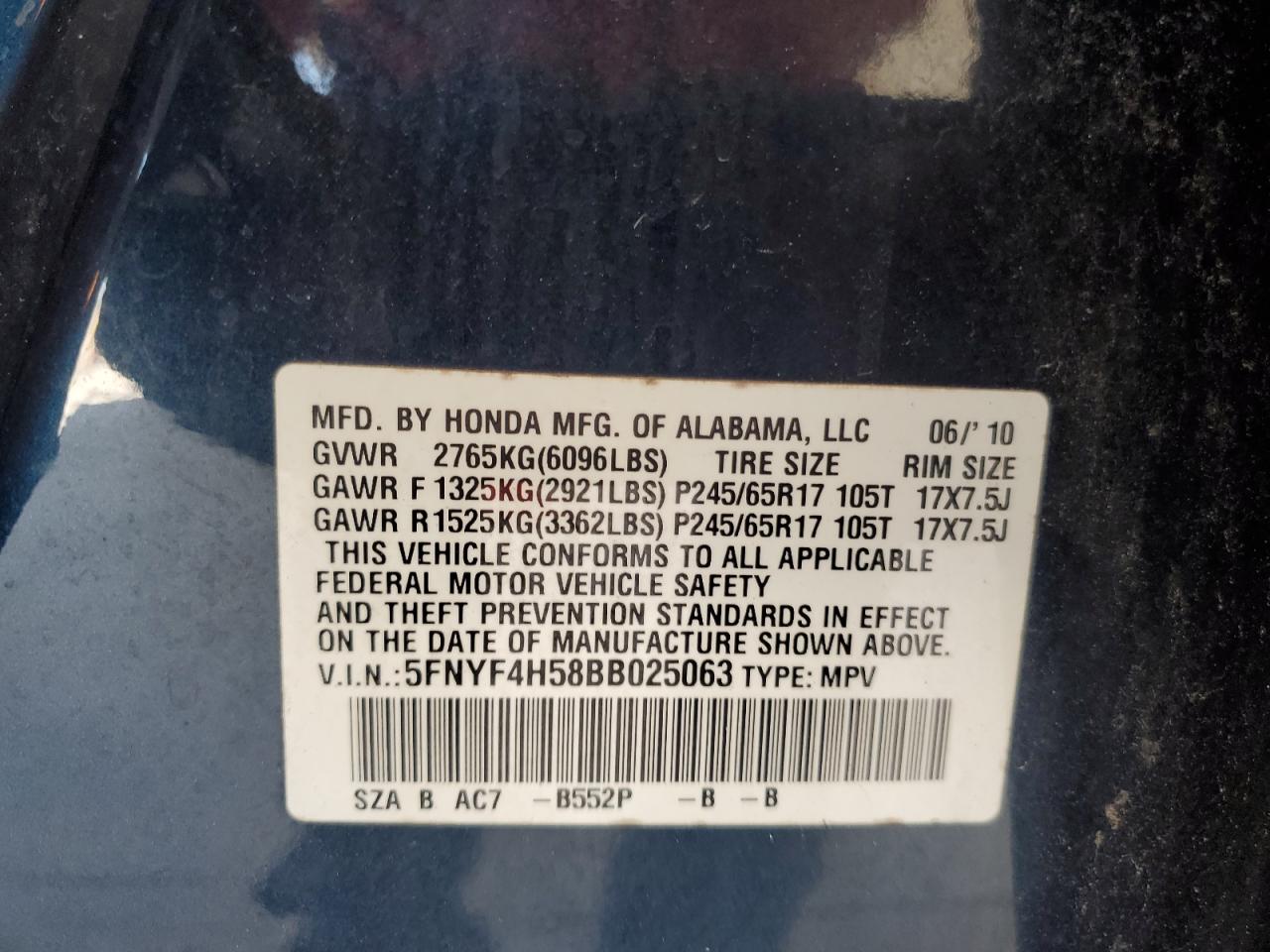 2011 Honda Pilot Exl VIN: 5FNYF4H58BB025063 Lot: 56945265