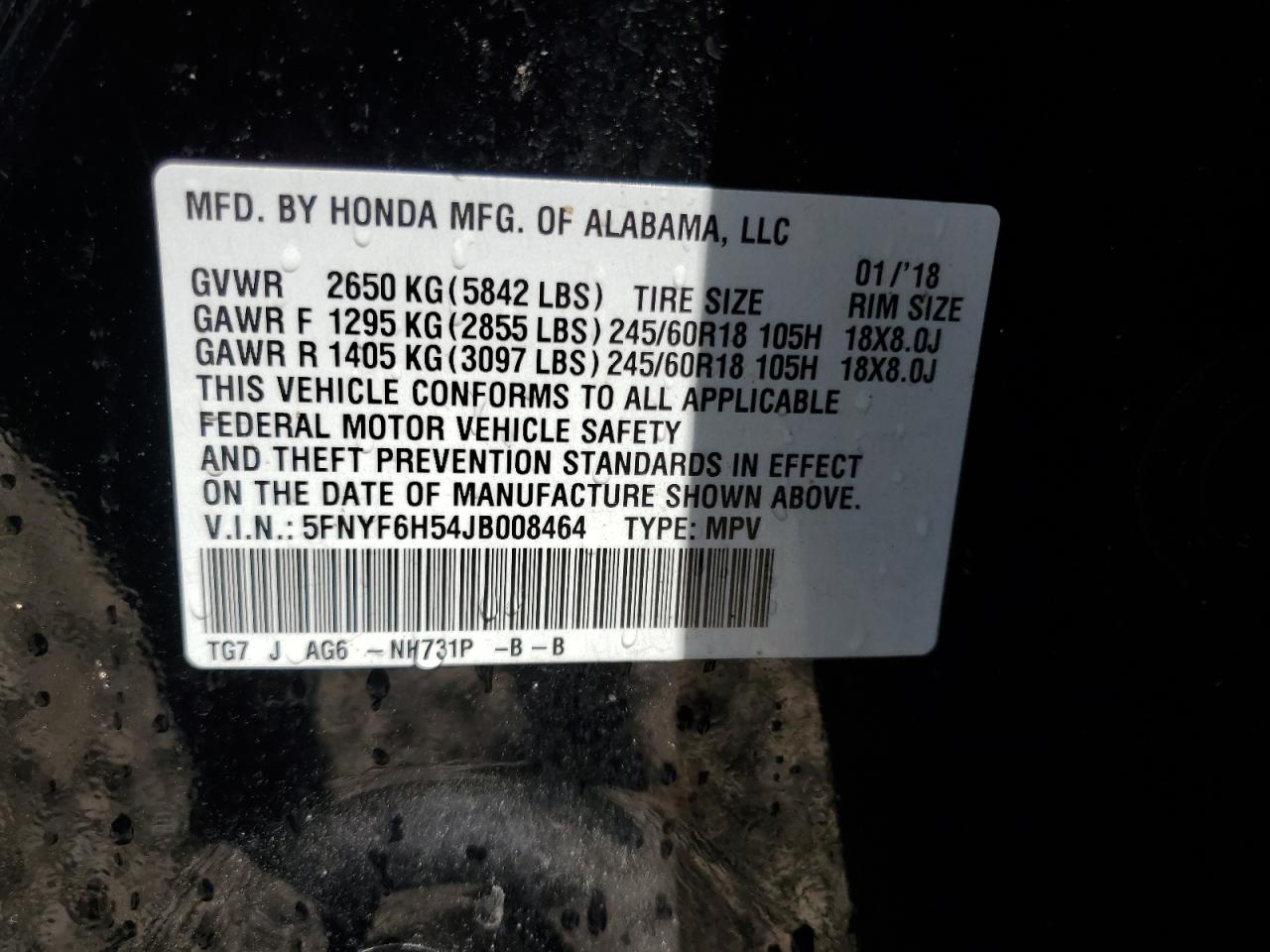 2018 Honda Pilot Exl VIN: 5FNYF6H54JB008464 Lot: 57099325