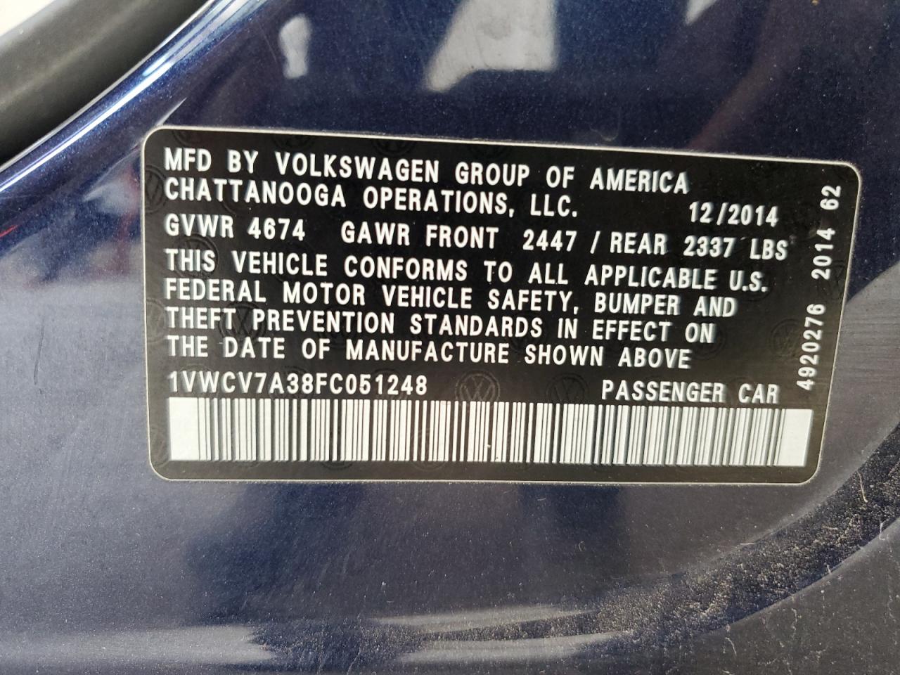 2015 Volkswagen Passat Sel VIN: 1VWCV7A38FC051248 Lot: 57019325