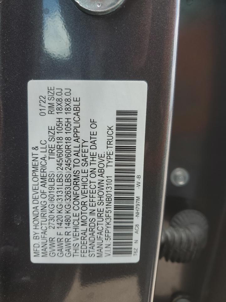 2022 Honda Ridgeline Rtl VIN: 5FPYK3F51NB013101 Lot: 56360865