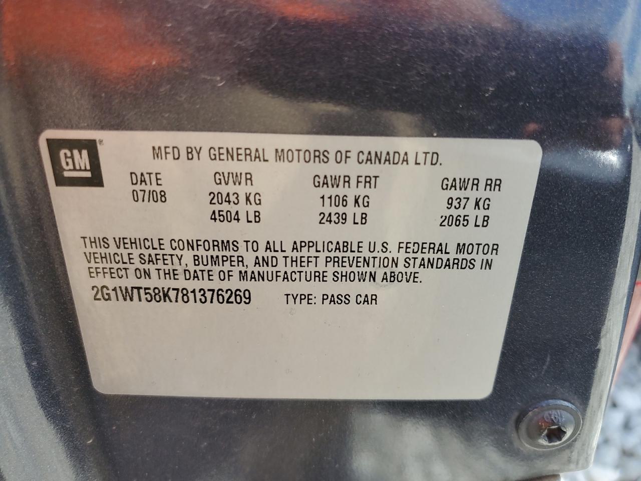 2008 Chevrolet Impala Lt VIN: 2G1WT58K781376269 Lot: 58187555