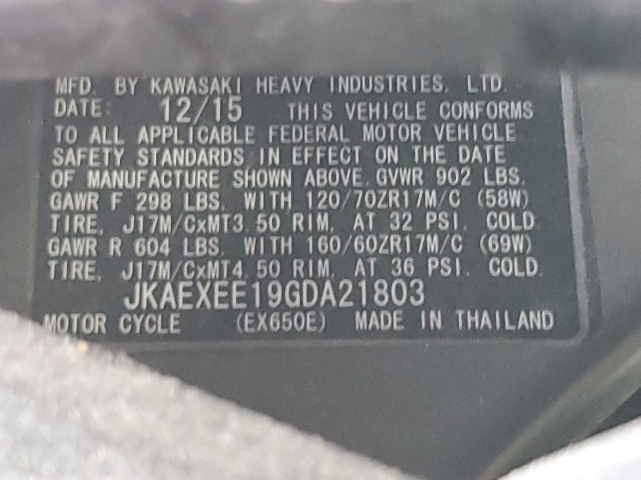 2016 Kawasaki Ex650 E VIN: JKAEXEE19GDA21803 Lot: 57183815