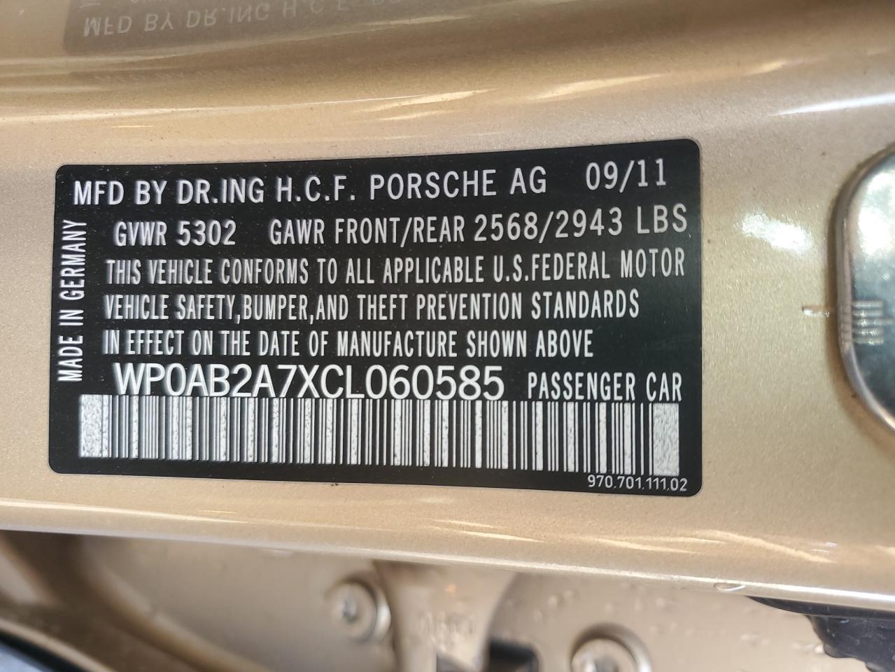 2012 Porsche Panamera S VIN: WP0AB2A7XCL060585 Lot: 58205085